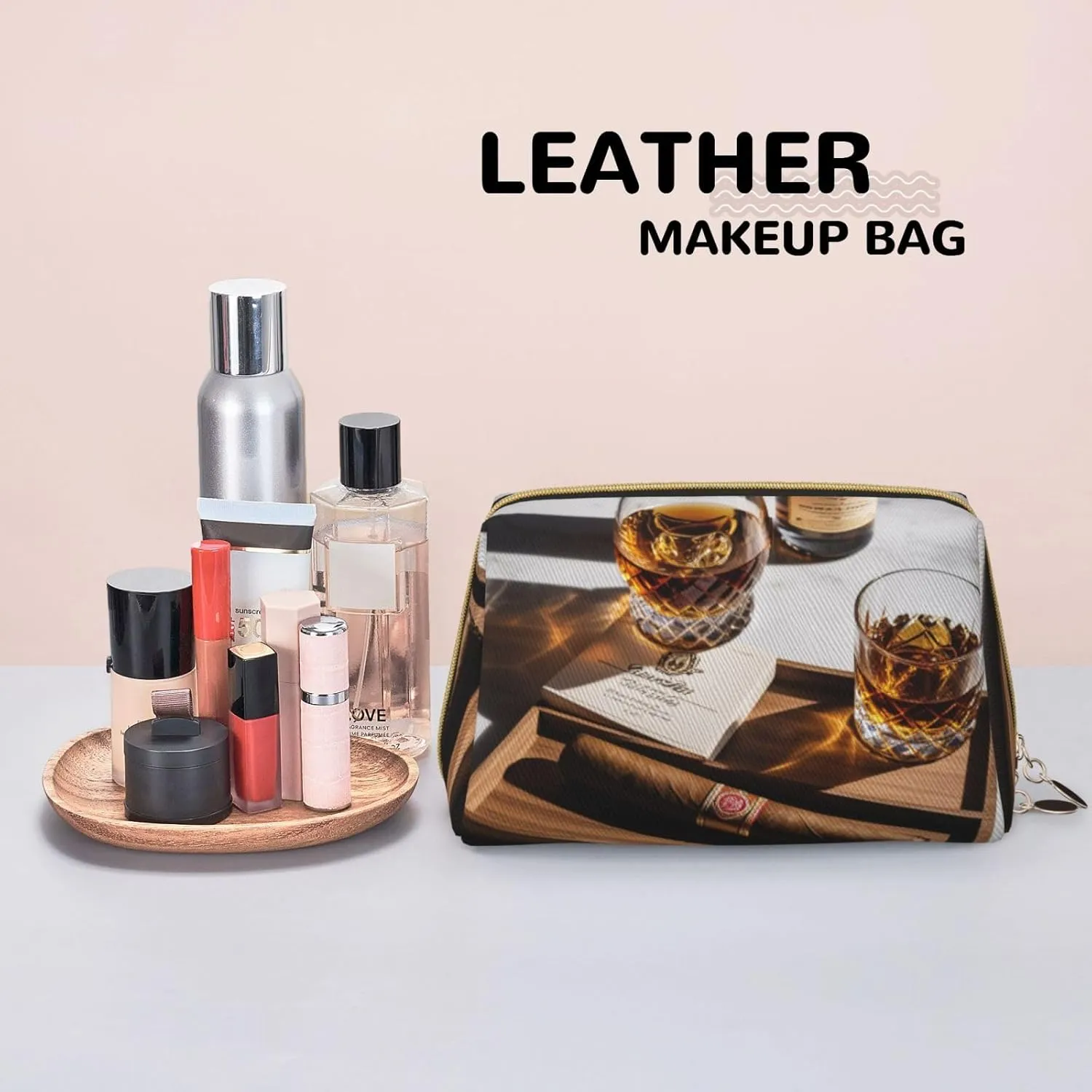 Cigar & Whiskey Printed Small Makeup Bag,Travel Cosmetic Bag Purse with Zipper,Water-resistant Makeup Organizer Bag for Women