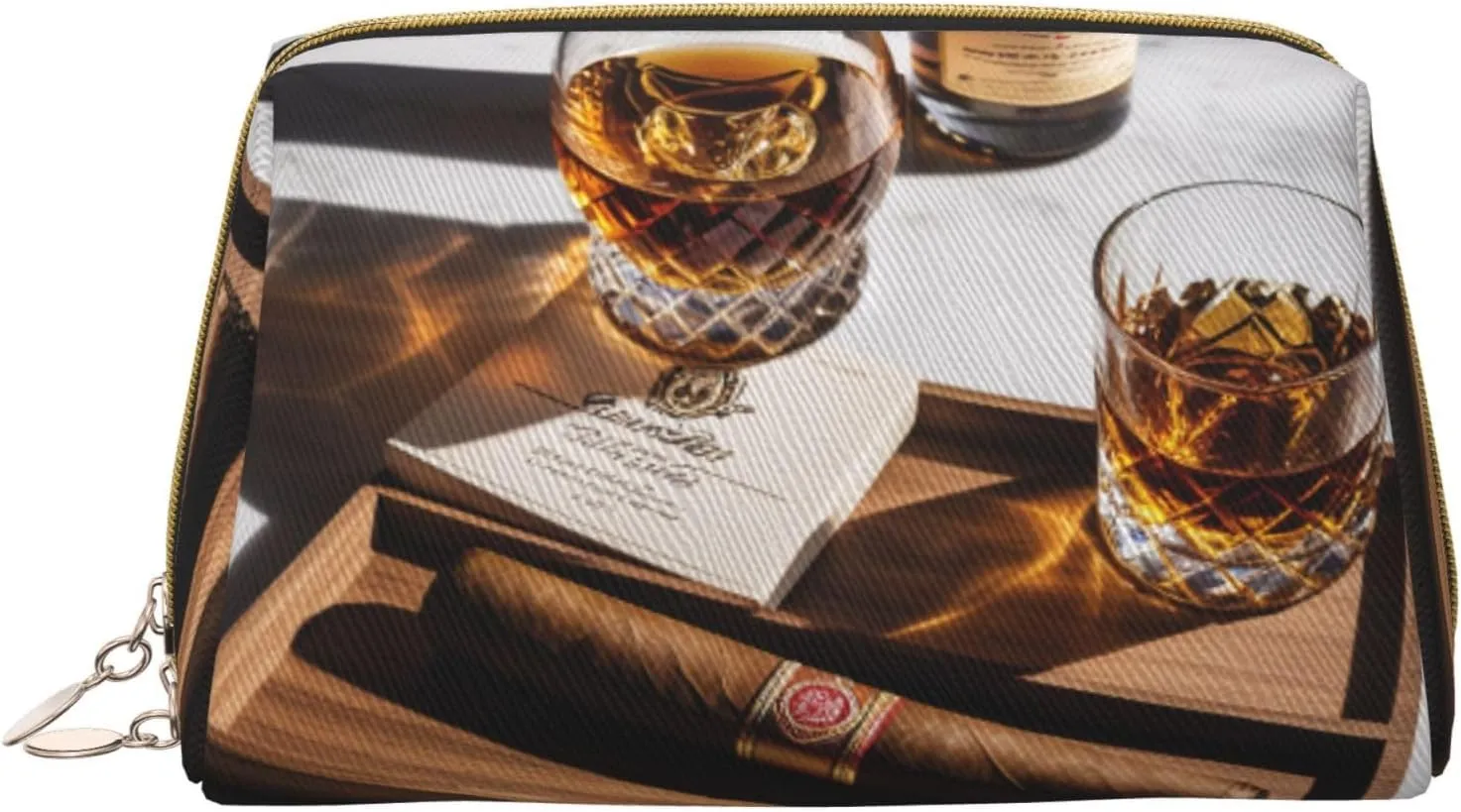 Cigar & Whiskey Printed Small Makeup Bag,Travel Cosmetic Bag Purse with Zipper,Water-resistant Makeup Organizer Bag for Women