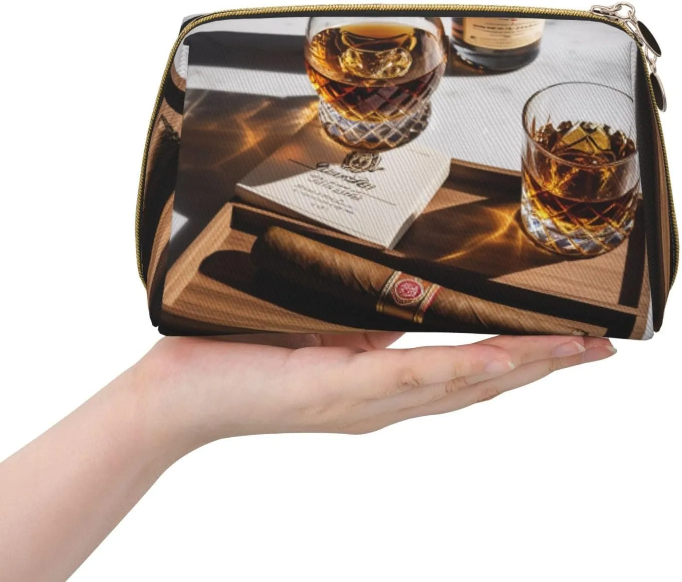 Cigar & Whiskey Printed Small Makeup Bag,Travel Cosmetic Bag Purse with Zipper,Water-resistant Makeup Organizer Bag for Women