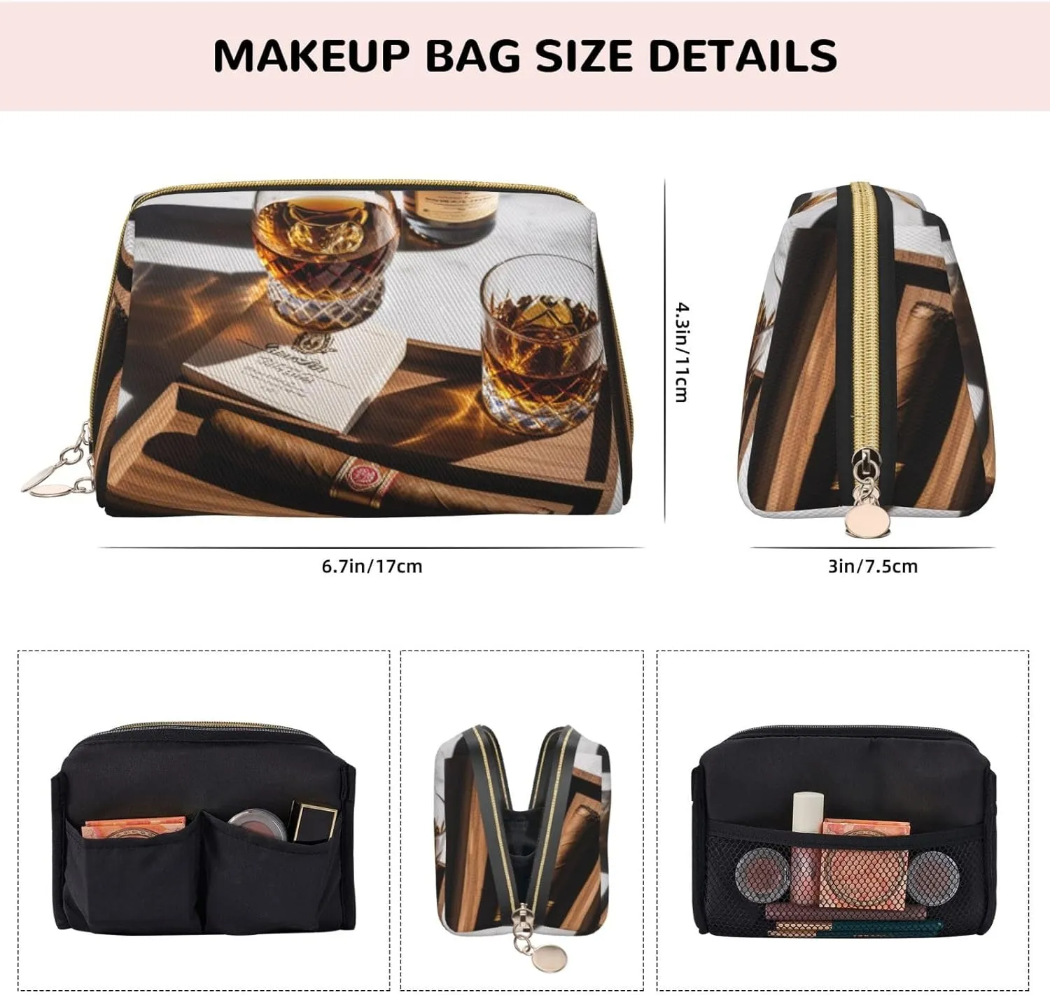Cigar & Whiskey Printed Small Makeup Bag,Travel Cosmetic Bag Purse with Zipper,Water-resistant Makeup Organizer Bag for Women