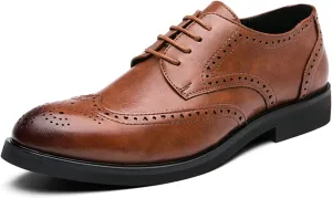 Classic Brogue Carving Wingtip Oxfords for Men Lace up Formal Dress Shoes Faux Leather Burnished Round Toe Block Heel Anti-Slip Formal Men (Color : Brown, Size : 7.5 M US)