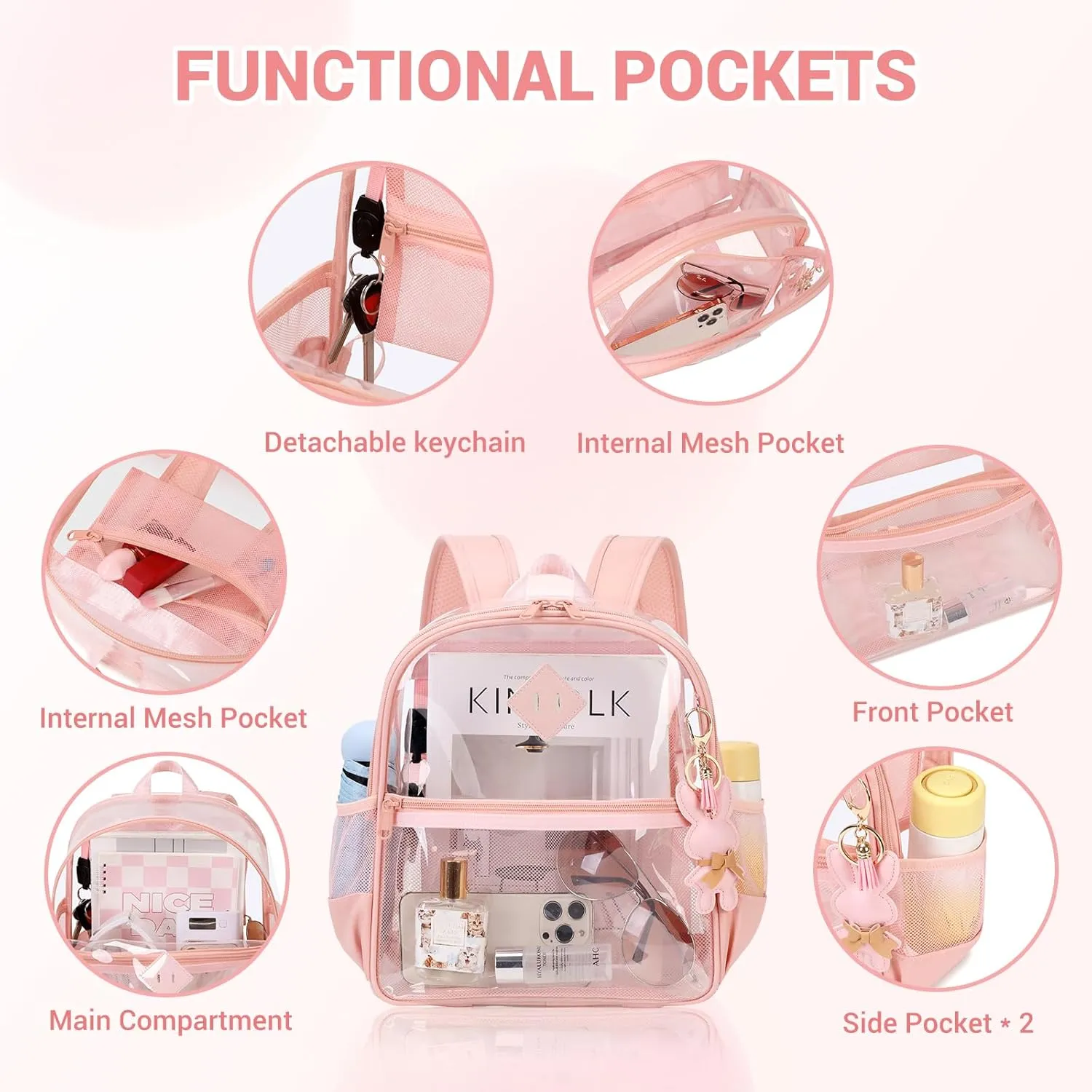Clear Backpack for Stadium Events Approved 12×6×12, Thick TPU Mini Clear Bag with Front Pocket for Concert Sport Events Work Travel, Pink