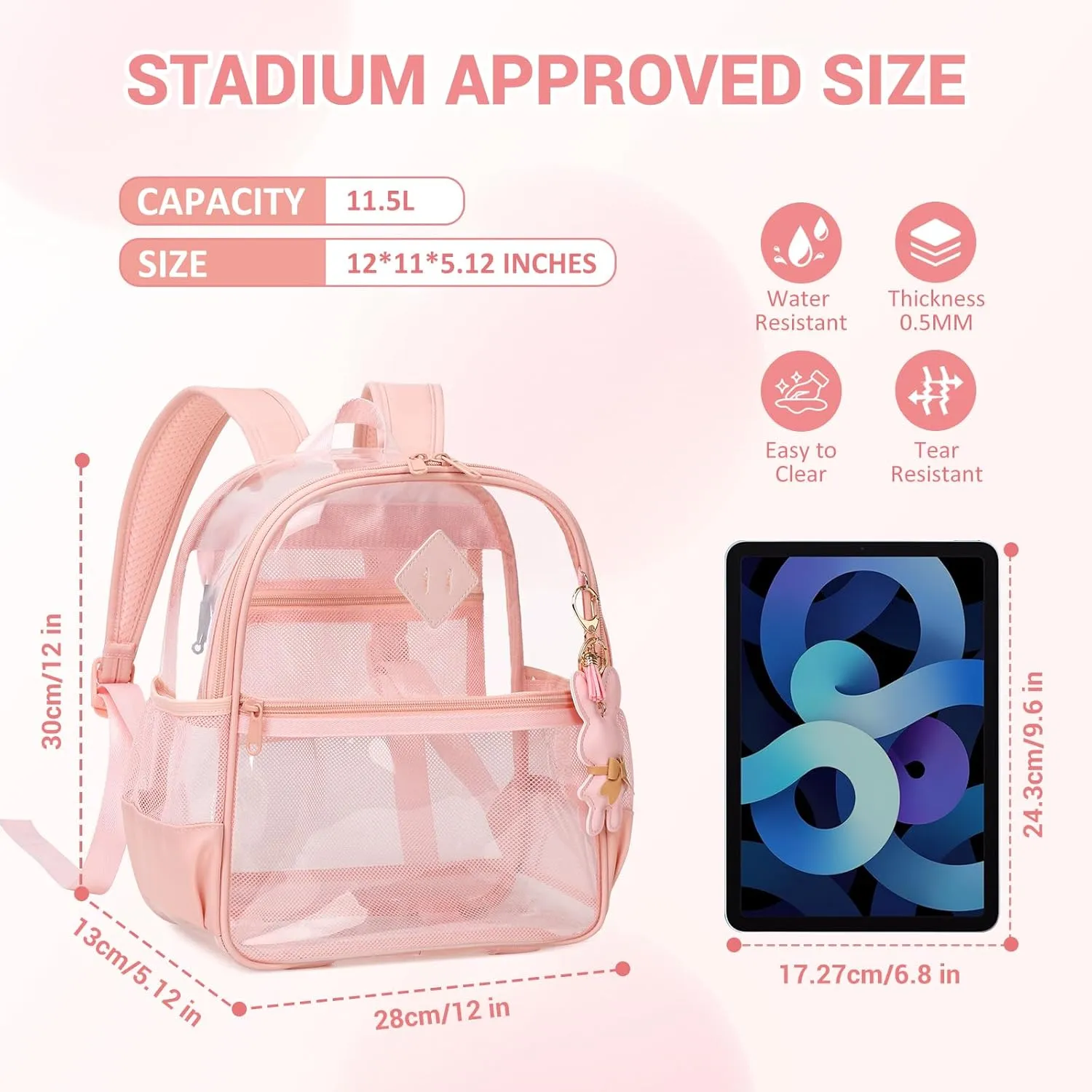 Clear Backpack for Stadium Events Approved 12×6×12, Thick TPU Mini Clear Bag with Front Pocket for Concert Sport Events Work Travel, Pink