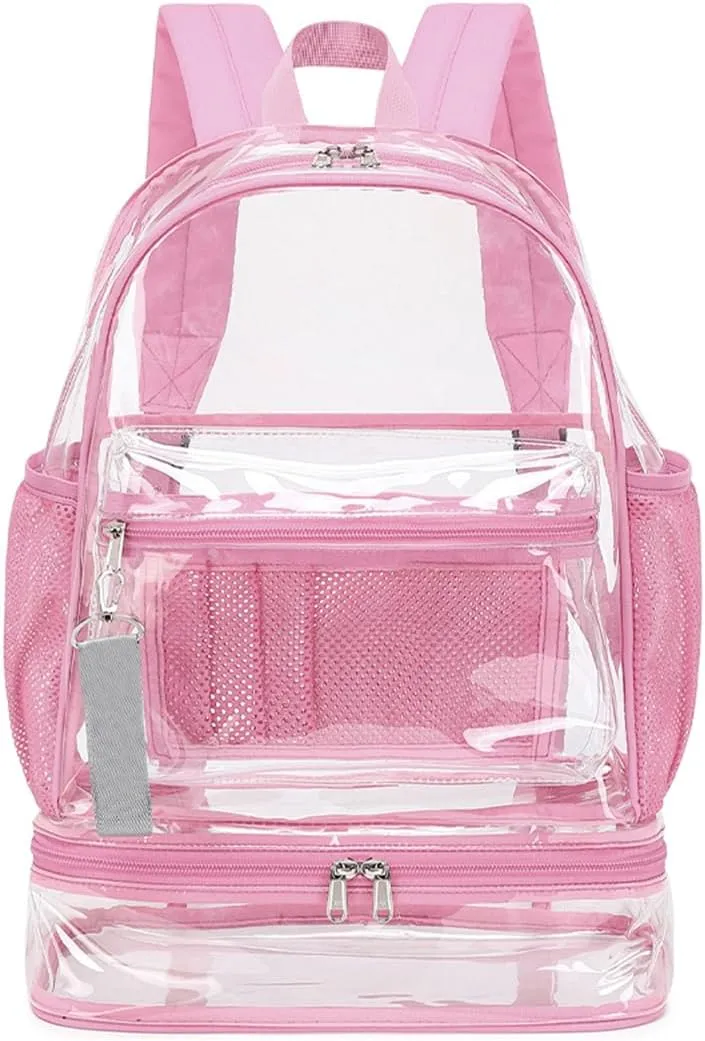 Clear Backpack Heavy Duty, See Through Backpack Purse, Gym Backpack with Laptop and Shoe Compartment (Pink), 32*19*45cm