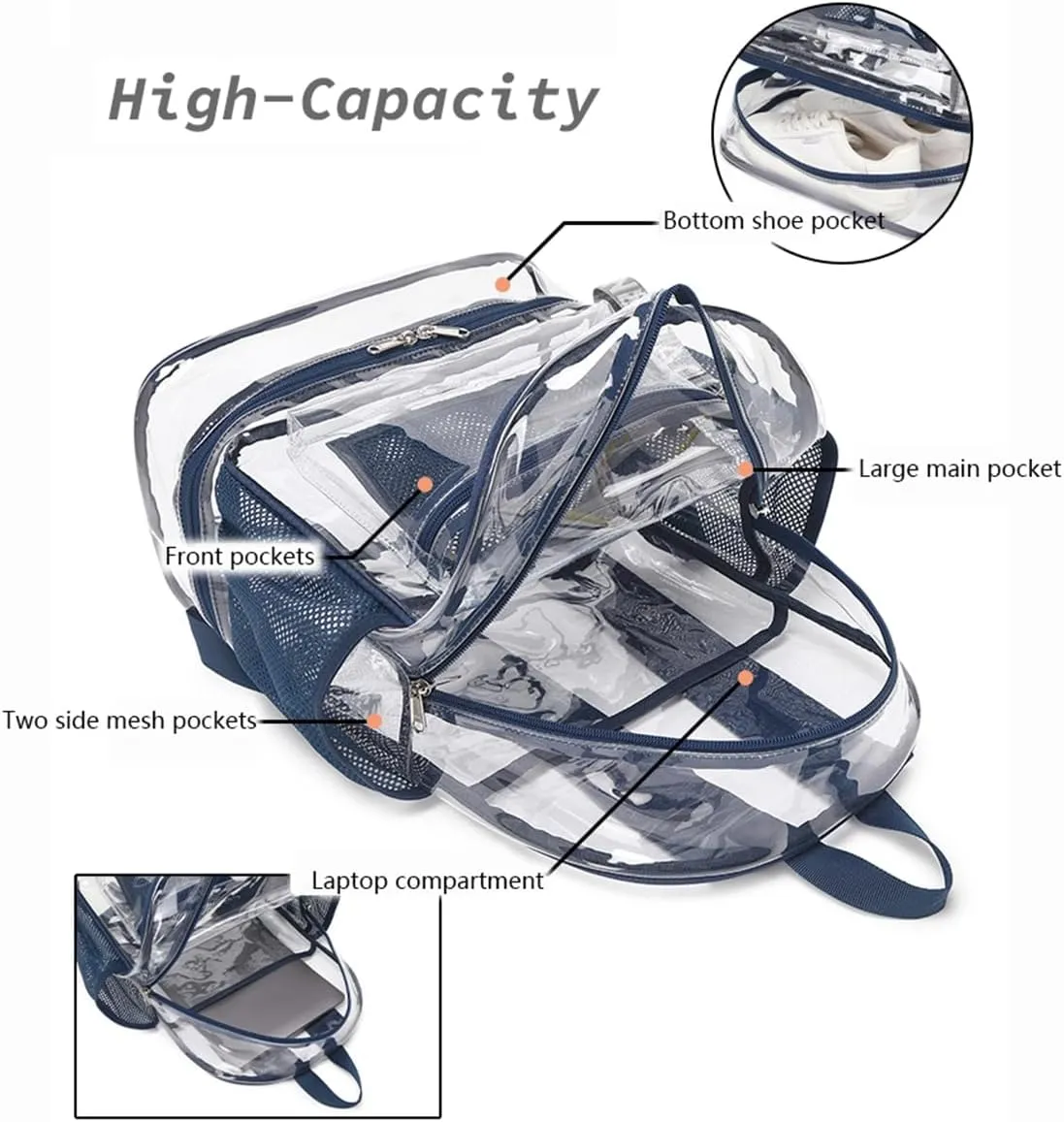 Clear Backpack Heavy Duty, See Through Backpack Purse, Gym Backpack with Laptop and Shoe Compartment (Pink), 32*19*45cm