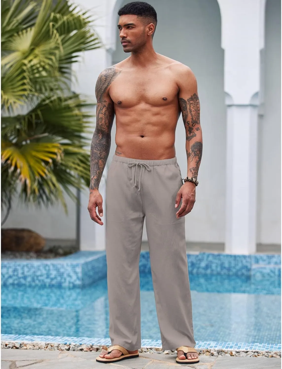 COOFANDY Mens Casual Linen Pants Elastic Waist Linen Pants Drawstring Summer Beach Yoga Linen Trouser