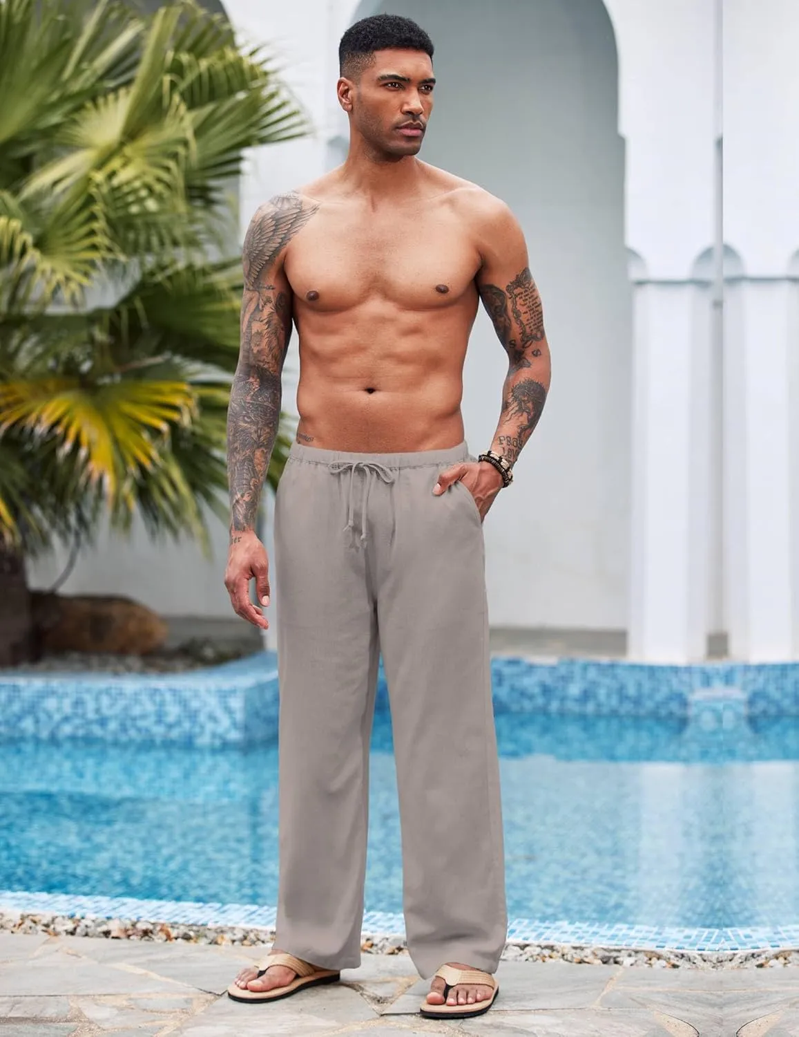 COOFANDY Mens Casual Linen Pants Elastic Waist Linen Pants Drawstring Summer Beach Yoga Linen Trouser