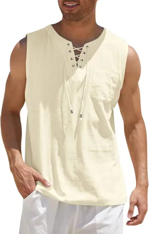 COOFANDY Men's Cotton Linen Tank Top Shirts Casual Sleeveless Lace Up Beach Hippie Tops Bohemian Renaissance Pirate Tunic