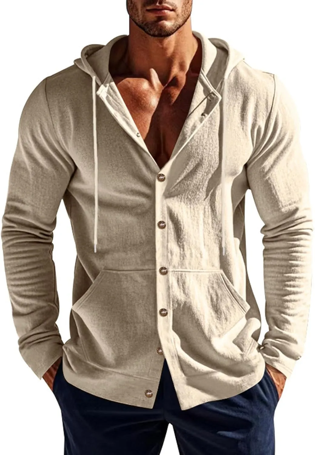 Cotton Hoodie for Mens Long Sleeve Linen Button Down Shirt Drawstring with Pockets Casual Summer Beach Hooded Shirts