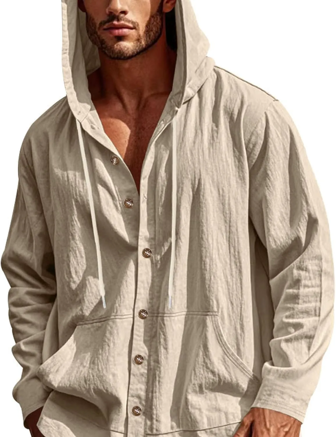 Cotton Hoodie for Mens Long Sleeve Linen Button Down Shirt Drawstring with Pockets Casual Summer Beach Hooded Shirts