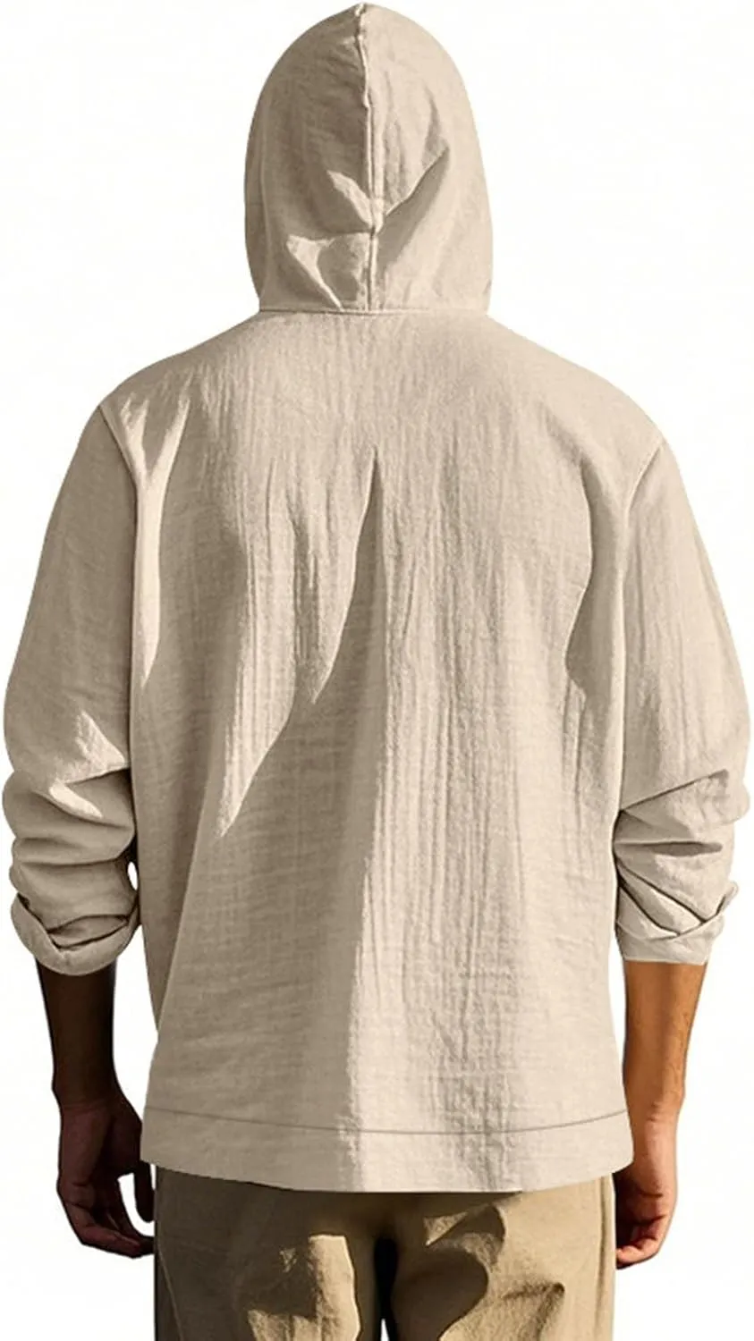 Cotton Hoodie for Mens Long Sleeve Linen Button Down Shirt Drawstring with Pockets Casual Summer Beach Hooded Shirts
