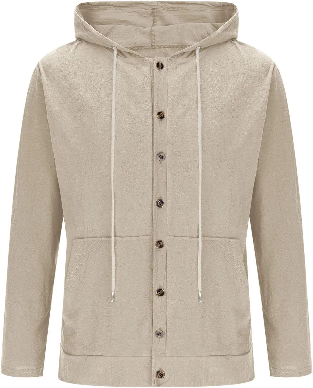 Cotton Hoodie for Mens Long Sleeve Linen Button Down Shirt Drawstring with Pockets Casual Summer Beach Hooded Shirts