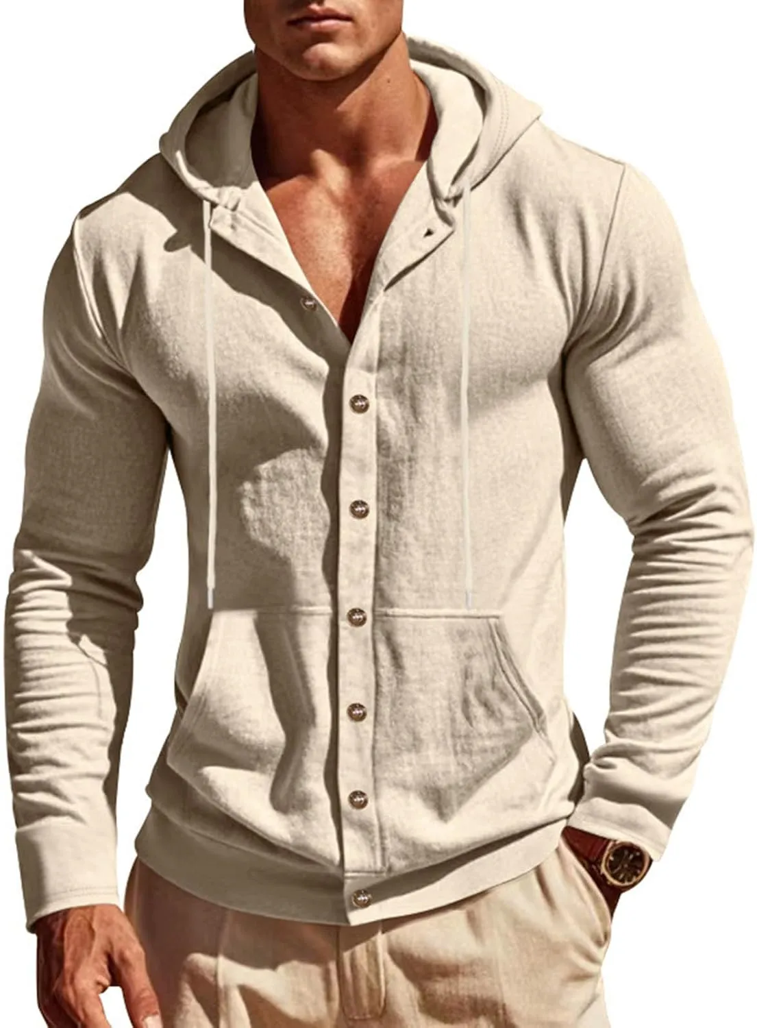 Cotton Hoodie for Mens Long Sleeve Linen Button Down Shirt Drawstring with Pockets Casual Summer Beach Hooded Shirts