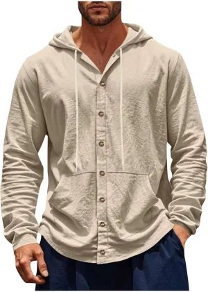 Cotton Hoodie for Mens Long Sleeve Linen Button Down Shirt Drawstring with Pockets Casual Summer Beach Hooded Shirts