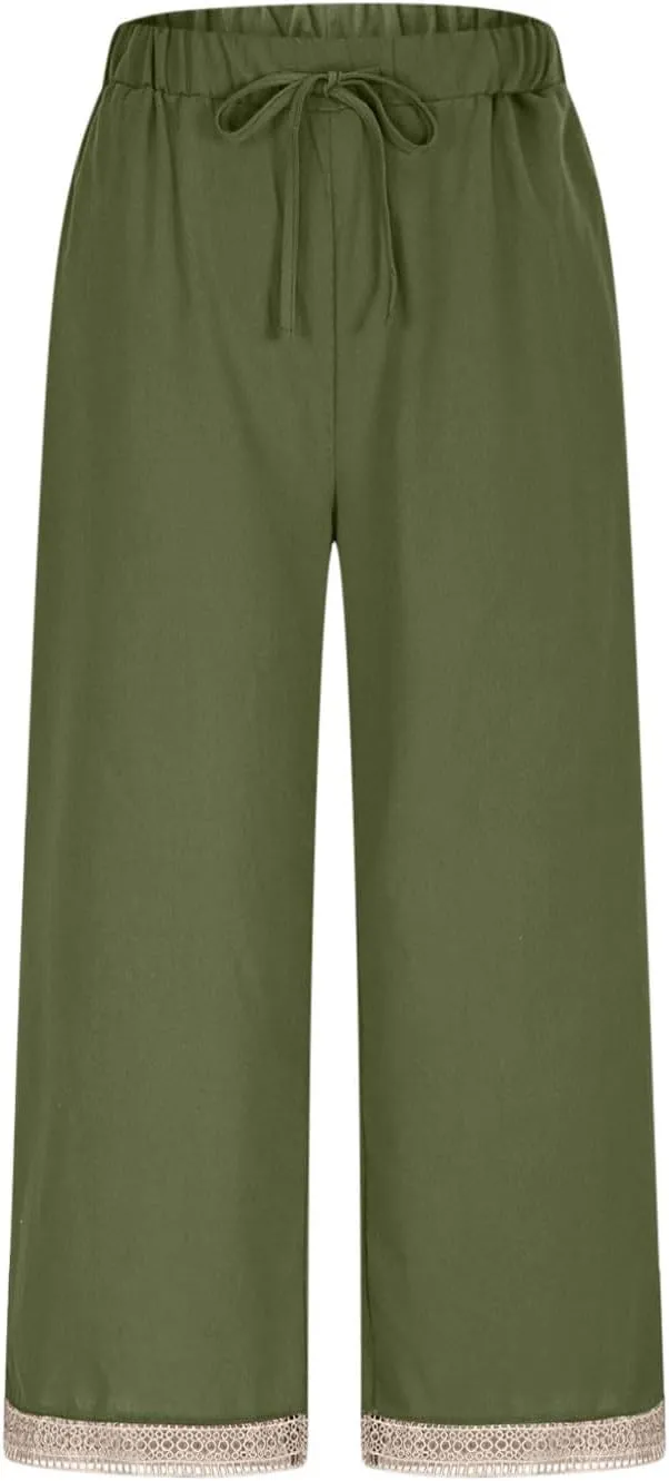 Cotton Linen Pants for Women 2025 Wide Leg Capri Palazzo Lounge Trousers High Waist Drawstring Flowy Pant