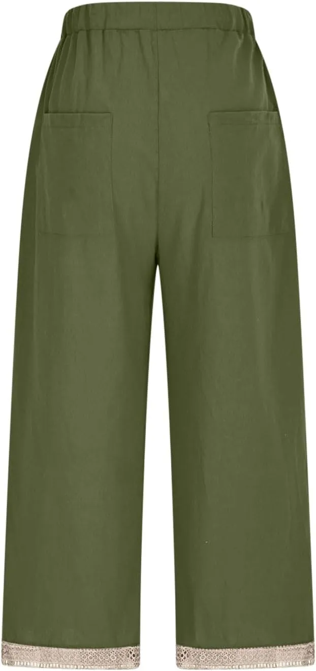 Cotton Linen Pants for Women 2025 Wide Leg Capri Palazzo Lounge Trousers High Waist Drawstring Flowy Pant