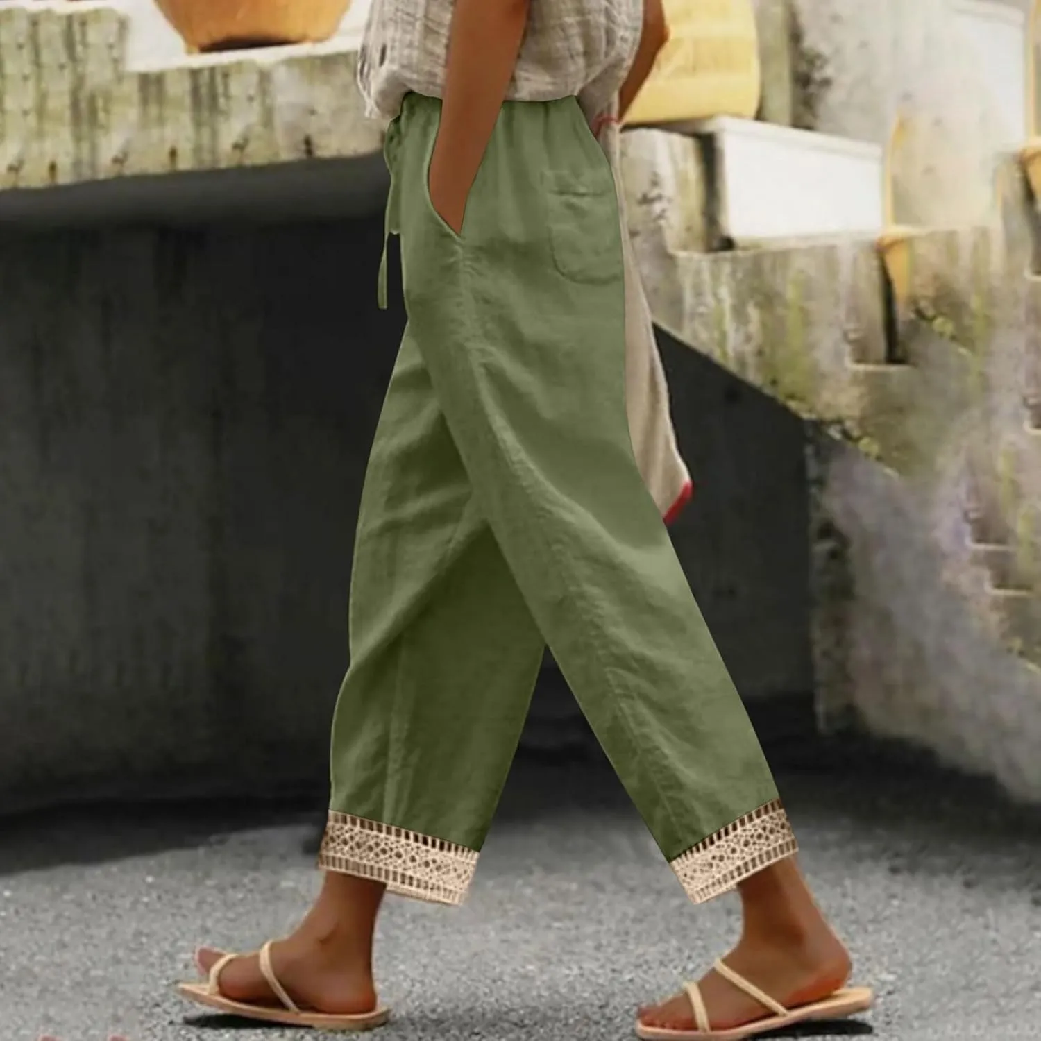 Cotton Linen Pants for Women 2025 Wide Leg Capri Palazzo Lounge Trousers High Waist Drawstring Flowy Pant