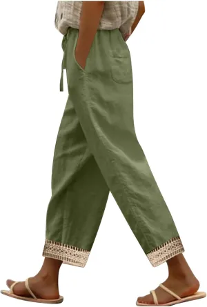 Cotton Linen Pants for Women 2025 Wide Leg Capri Palazzo Lounge Trousers High Waist Drawstring Flowy Pant
