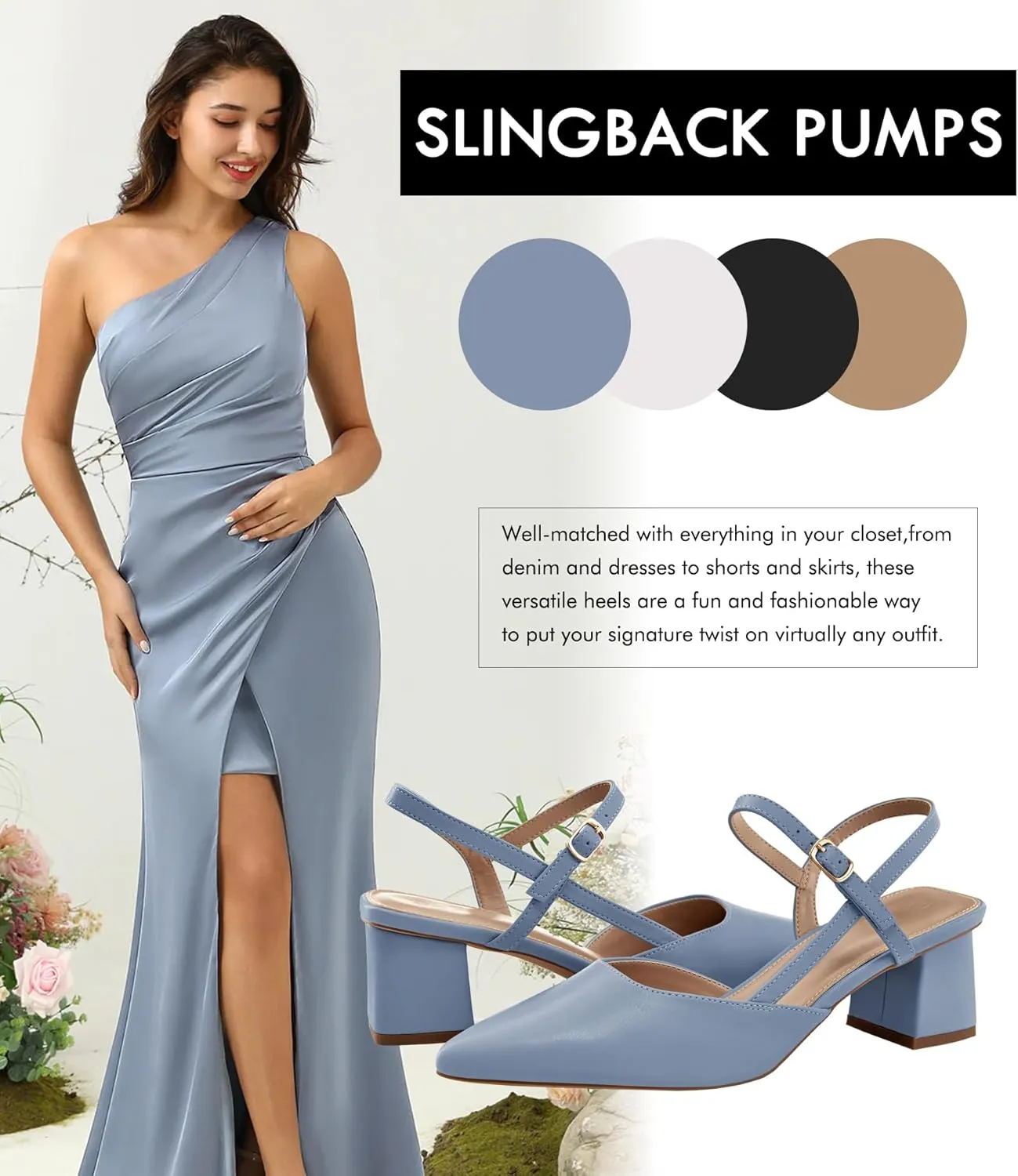 Coutgo Women's Slingback Chunky Low Heels Closed Pointed Toe Heel Wedding Party Dress Pumps Shoes