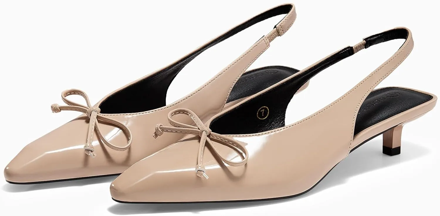 Coutgo Womens Slingback Kitten Low Heels Dress Shoes Closed Pointed Toe Bow Tie Slip on Office Work Pumps
