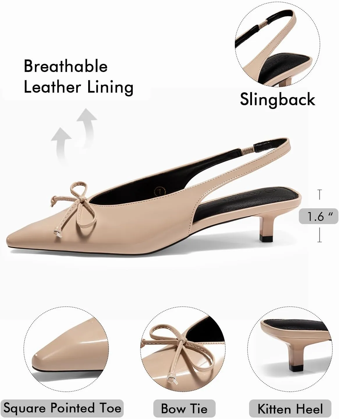Coutgo Womens Slingback Kitten Low Heels Dress Shoes Closed Pointed Toe Bow Tie Slip on Office Work Pumps