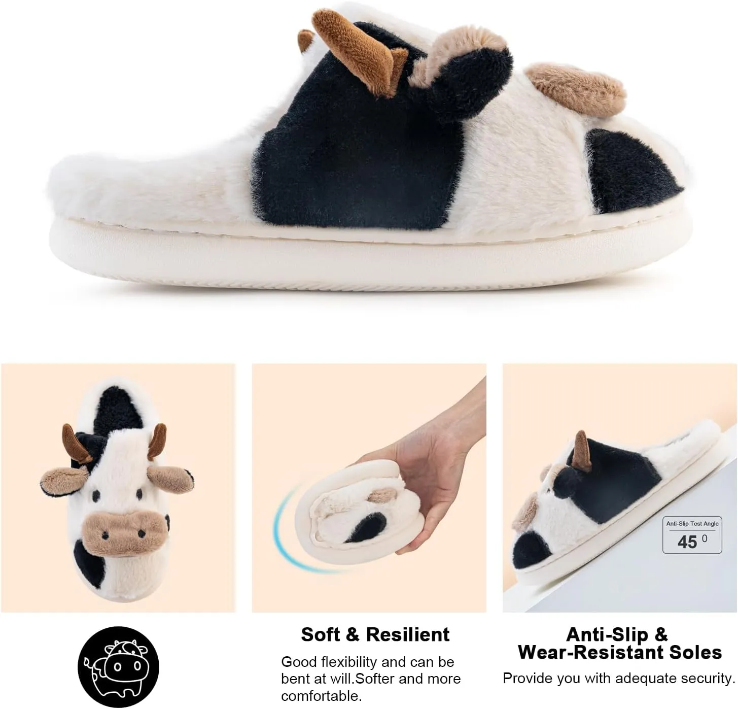 Cow Animal Winter House Slippers - Cute Fuzzy Slippers for Women & Men