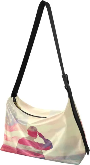 Crossbody Bag American Soldier Print Large Capacity for Women Men, PU Leather Shoulder Bag Zipper Closure with Fabric Strap