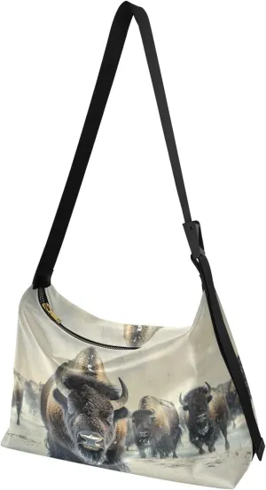 Crossbody Bag Vintage Bison Herd Print for Women Men Large Capacity PU Leather Shoulder Bag Zipper Closure with Fabric Strap