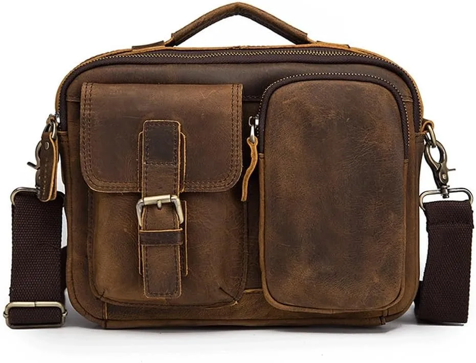 CSCDD Large Capacity First Layer Mad Horse Leather Cowhide Men's Single Shoulder Straddle Bag