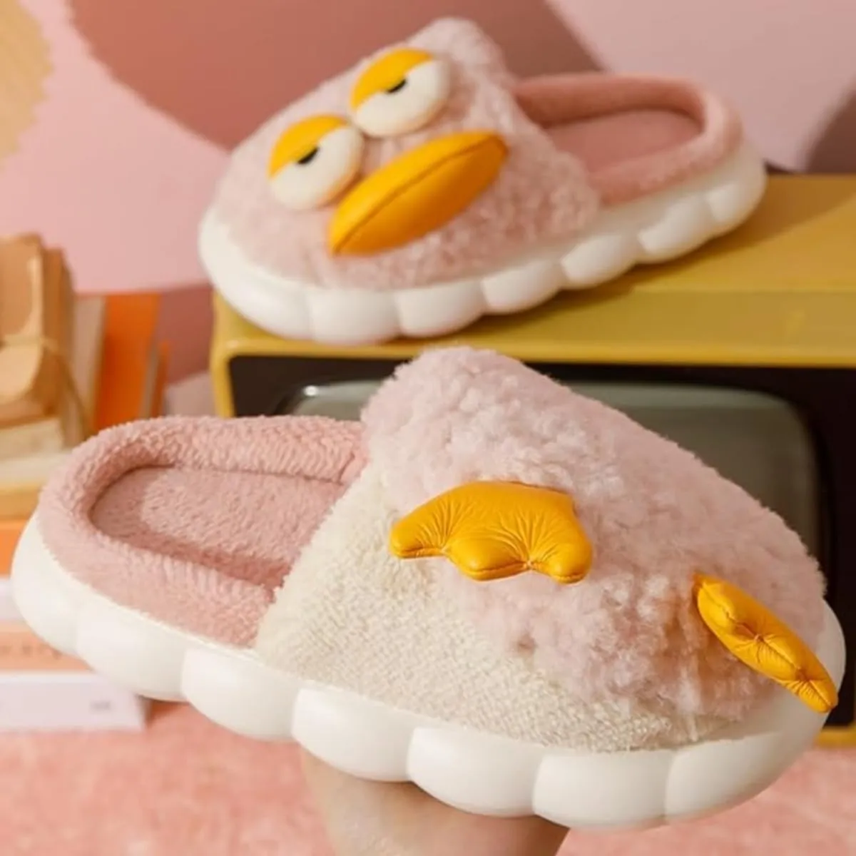 Cute Duck Furry Animal Slippers for Women Men Warm Fluffy Soft House Slippers Indoor Outdoor