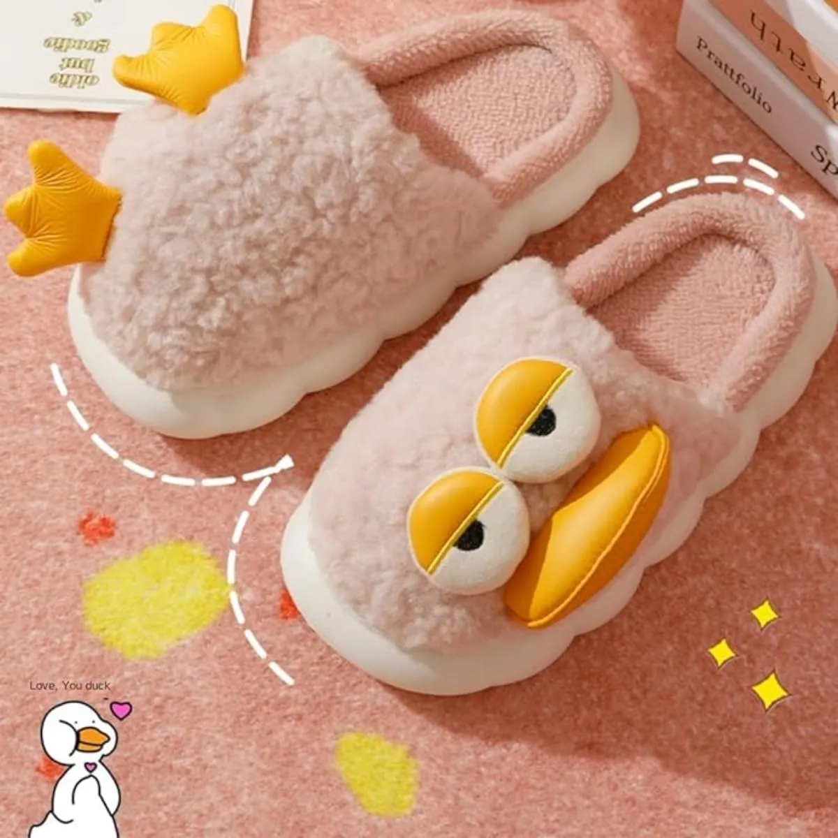 Cute Duck Furry Animal Slippers for Women Men Warm Fluffy Soft House Slippers Indoor Outdoor