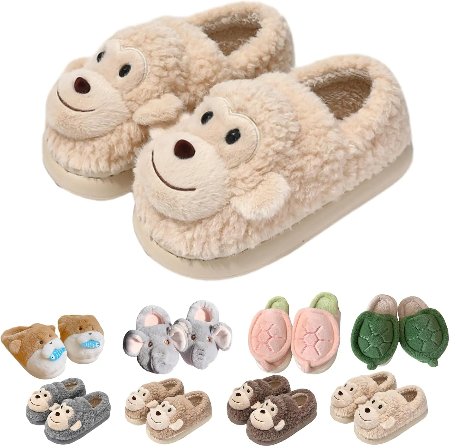Cute Elephant, Otter, Monkey & Turtle Slippers for Women – Cozy, Warm, Funny Non-Slip Soft Plush Animal Slippers for Fall & Winter, Perfect for Home, Gifts & Matching Couples