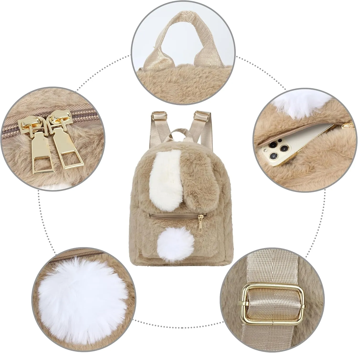 Cute Fluffy Backpack Mini Rabbit Ears Daypack Purse Faux Fur Small Travel for Women Ladies, Khaki