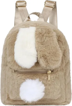 Cute Fluffy Backpack Mini Rabbit Ears Daypack Purse Faux Fur Small Travel for Women Ladies, Khaki