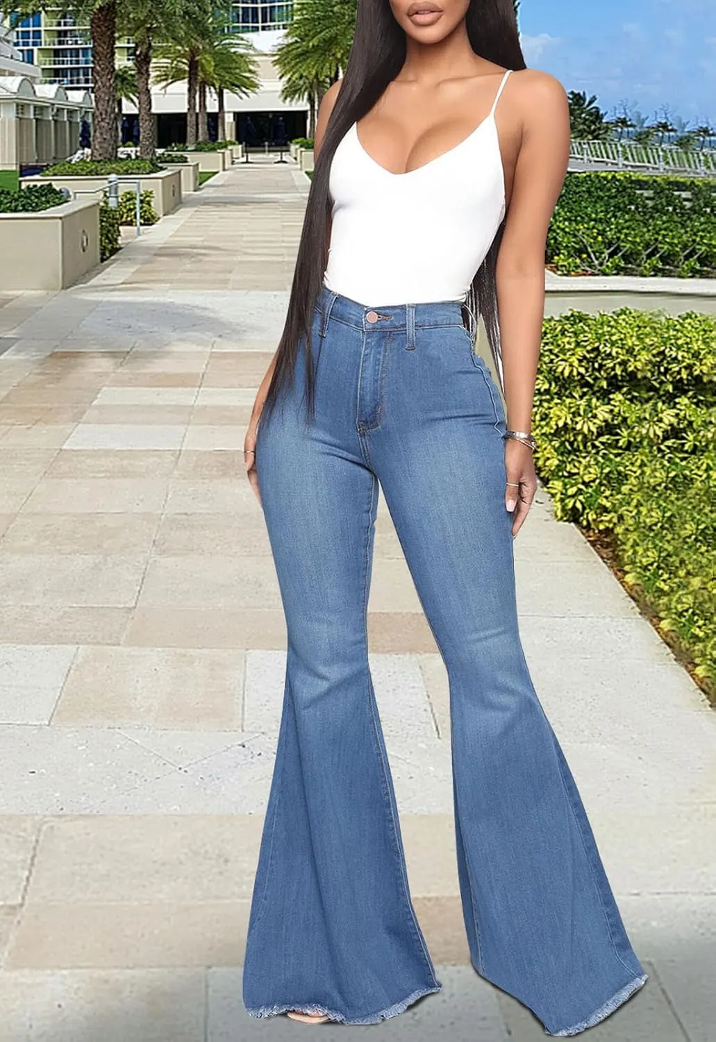 CutieLove Women's Ripped Jeans Bell Bottom Flare Jeans Mid Rise Destroyed Hem Denim Pants