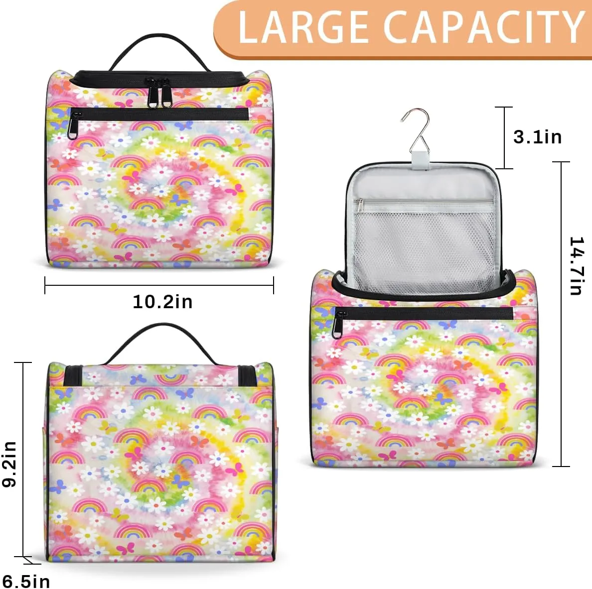 Daisy Rainbow Tie Dye Travel Toiletry Bag for Men and Women, Large Hanging Makeup Bag Organizer Toiletries Bag for Travel, Cosmetic Bag with Handle