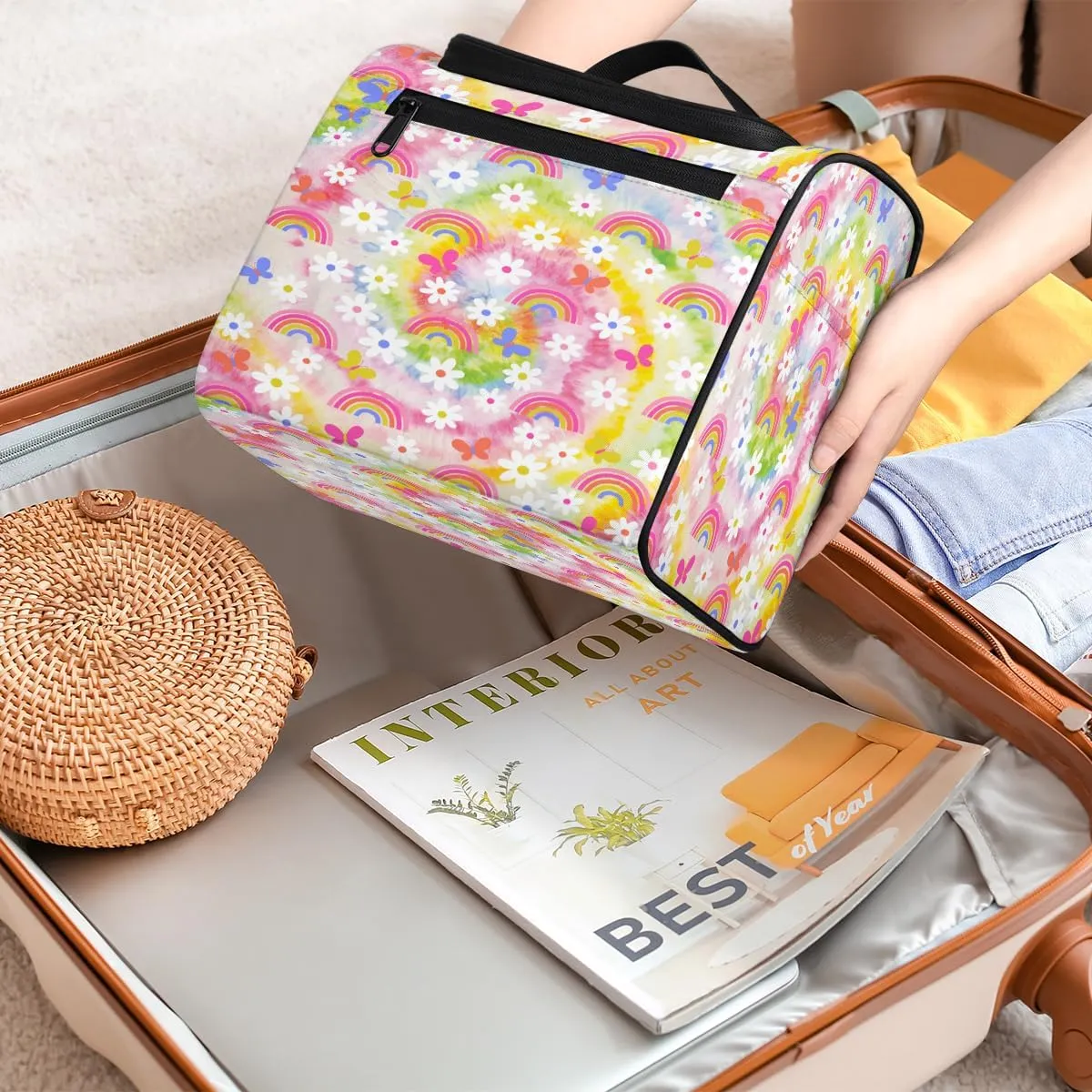 Daisy Rainbow Tie Dye Travel Toiletry Bag for Men and Women, Large Hanging Makeup Bag Organizer Toiletries Bag for Travel, Cosmetic Bag with Handle