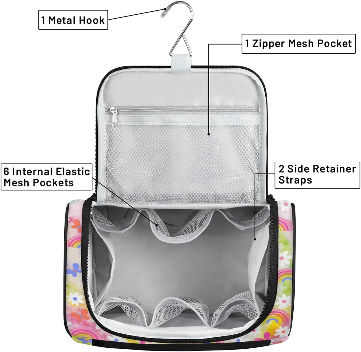 Daisy Rainbow Tie Dye Travel Toiletry Bag for Men and Women, Large Hanging Makeup Bag Organizer Toiletries Bag for Travel, Cosmetic Bag with Handle