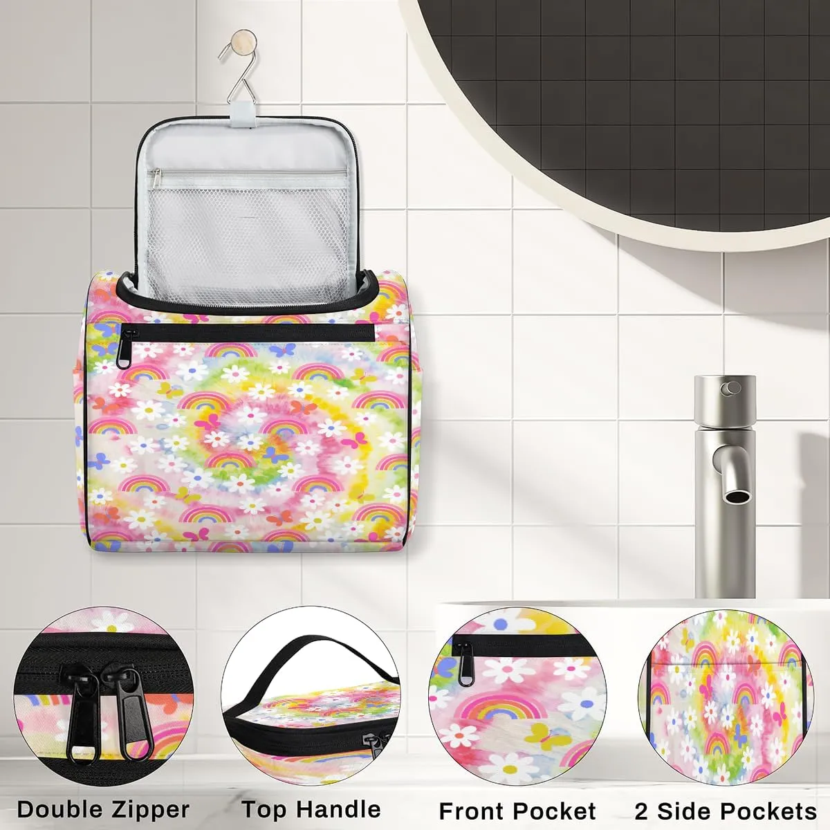 Daisy Rainbow Tie Dye Travel Toiletry Bag for Men and Women, Large Hanging Makeup Bag Organizer Toiletries Bag for Travel, Cosmetic Bag with Handle