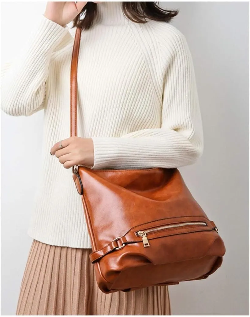 Dayfine Women's Retro Large Capacity Zipper Handbag Soft Oil Wax Leather Tote Shoulder Bag