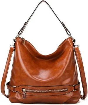 Dayfine Women's Retro Large Capacity Zipper Handbag Soft Oil Wax Leather Tote Shoulder Bag