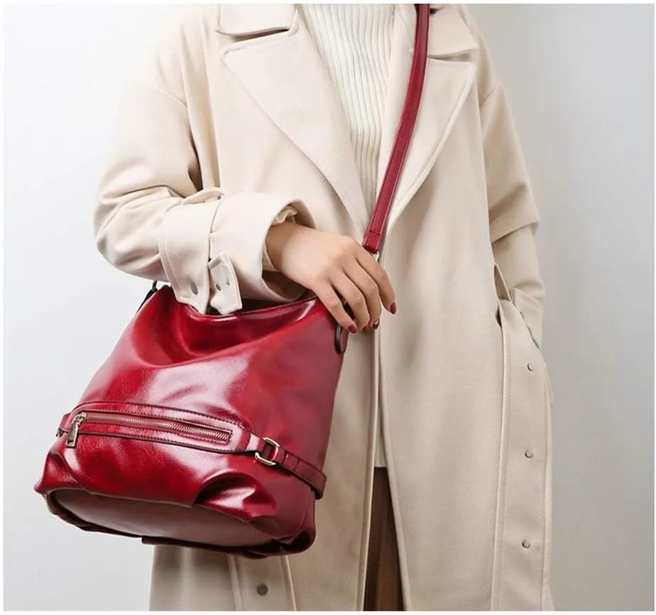 Dayfine Women's Retro Large Capacity Zipper Handbag Soft Oil Wax Leather Tote Shoulder Bag