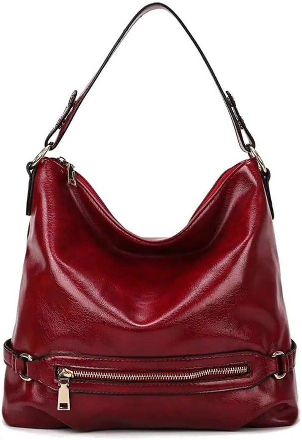 Dayfine Women's Retro Large Capacity Zipper Handbag Soft Oil Wax Leather Tote Shoulder Bag