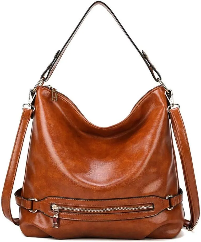 Dayfine Women's Retro Large Capacity Zipper Handbag Soft Oil Wax Leather Tote Shoulder Bag