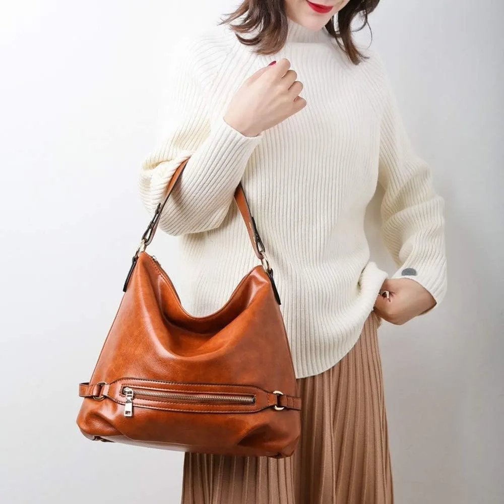 Dayfine Women's Retro Large Capacity Zipper Handbag Soft Oil Wax Leather Tote Shoulder Bag