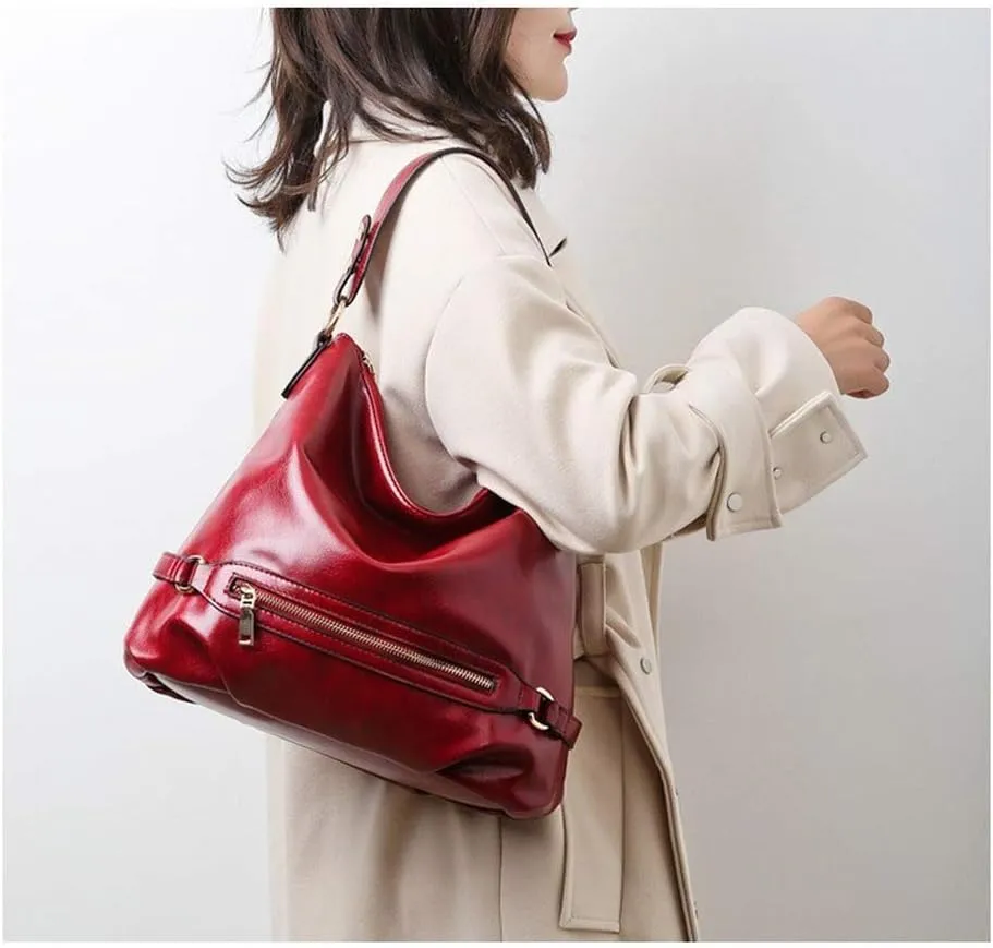 Dayfine Women's Retro Large Capacity Zipper Handbag Soft Oil Wax Leather Tote Shoulder Bag