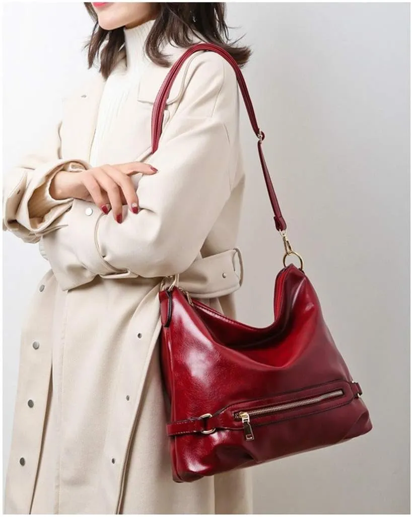 Dayfine Women's Retro Large Capacity Zipper Handbag Soft Oil Wax Leather Tote Shoulder Bag