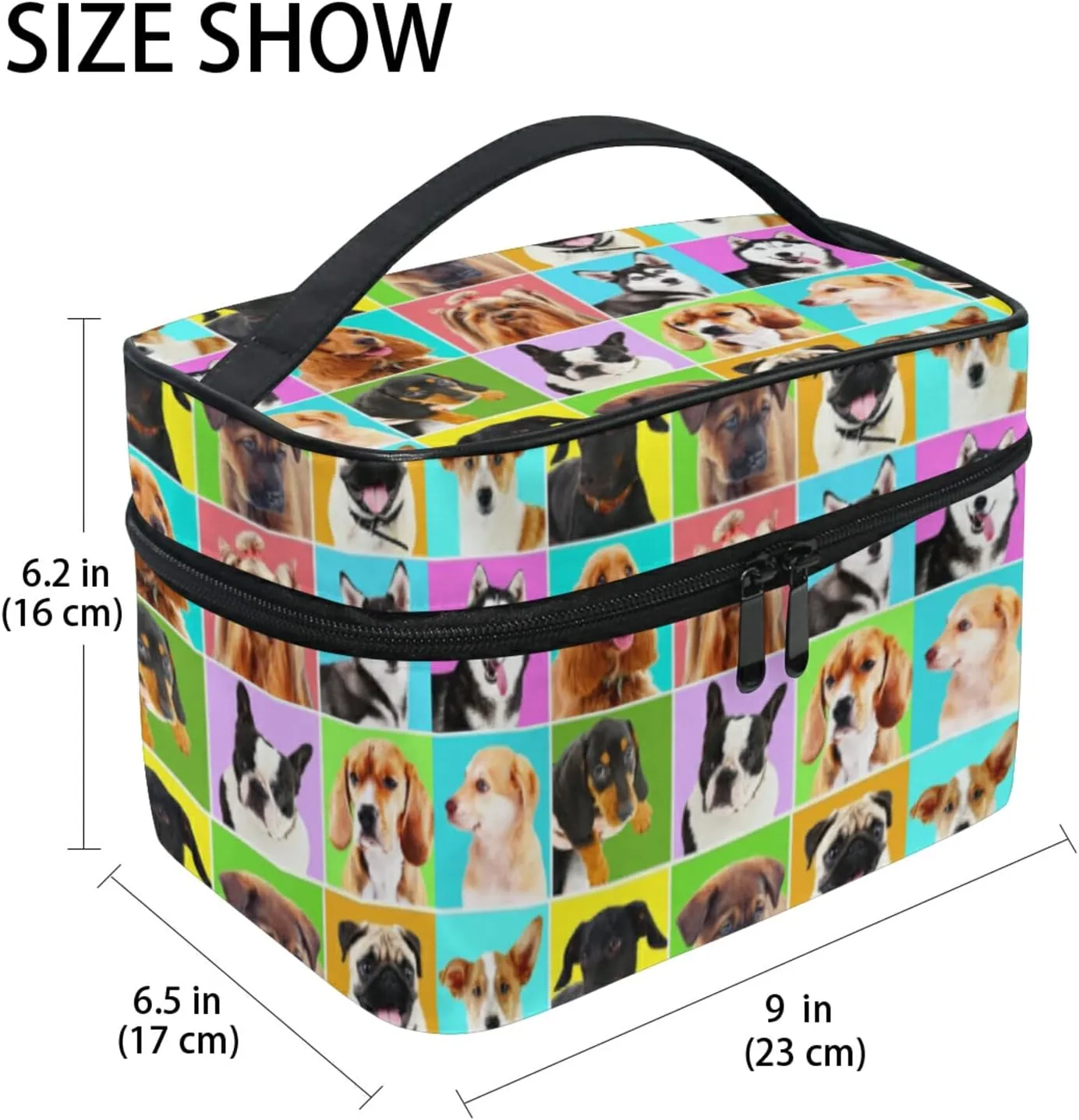 Different Dogs Breeds Portraits Checker Pattern Beauty Cosmetic with Zipper Brush Portable Storage Bag, Fashion printing Toiletry, Durable Travel Organizer Tote Unisex Gifts