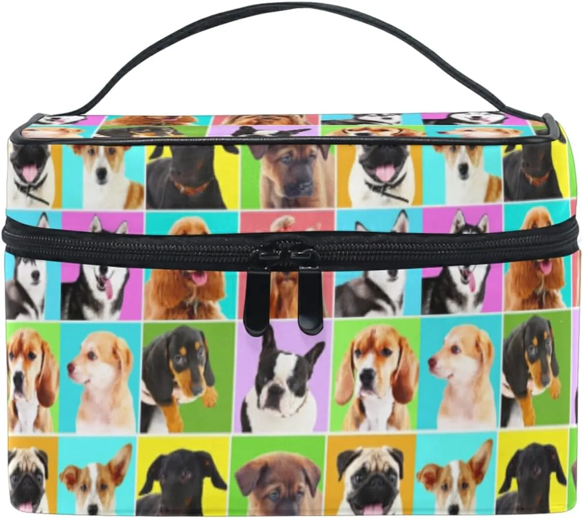Different Dogs Breeds Portraits Checker Pattern Beauty Cosmetic with Zipper Brush Portable Storage Bag, Fashion printing Toiletry, Durable Travel Organizer Tote Unisex Gifts