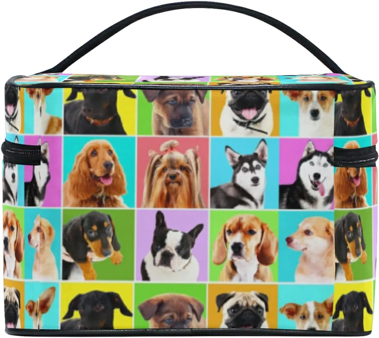 Different Dogs Breeds Portraits Checker Pattern Beauty Cosmetic with Zipper Brush Portable Storage Bag, Fashion printing Toiletry, Durable Travel Organizer Tote Unisex Gifts